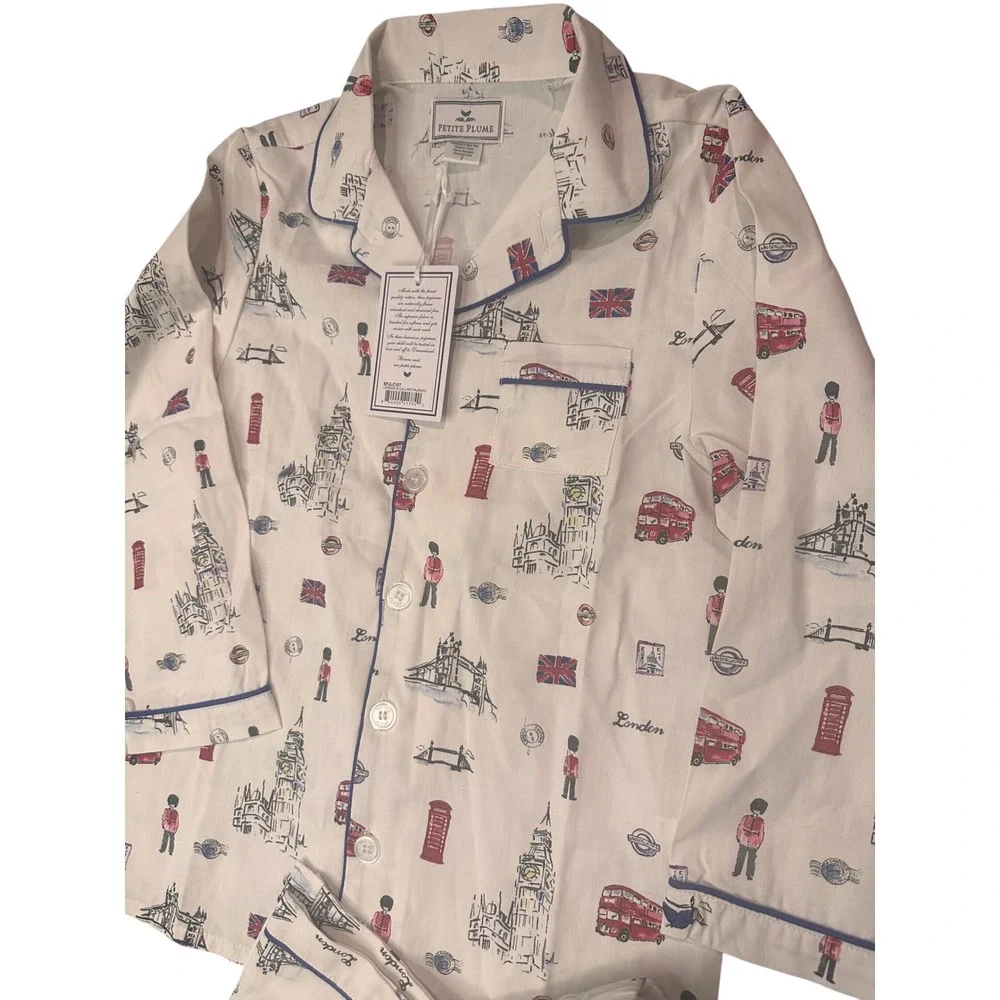 Petite Plume Boys London Is Calling Pajamas Set White Blue Red Size 7 NWT